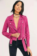 Fuchsia suede moto jacket with silver zip and belted waist