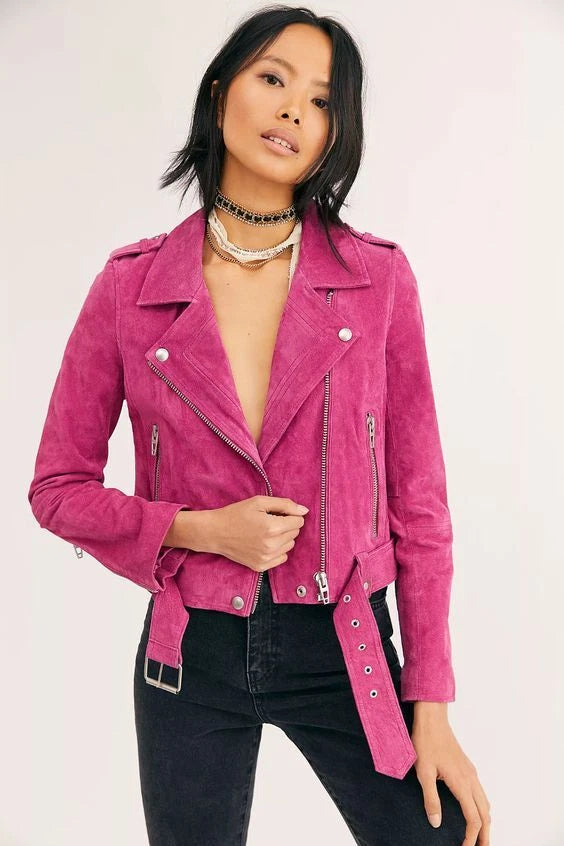 Fuchsia suede moto jacket with silver zip and belted waist