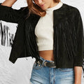Black suede fringe jacket with collarless open-front and full cascading fringe