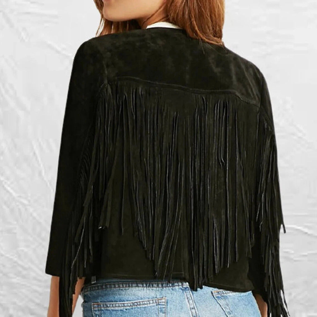 Premium Black Original Suede Leather Fringe Jacket — Boho Western Open-Front Style
