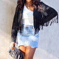Black suede cropped fringe jacket with open-front and cascading fringe sleeves