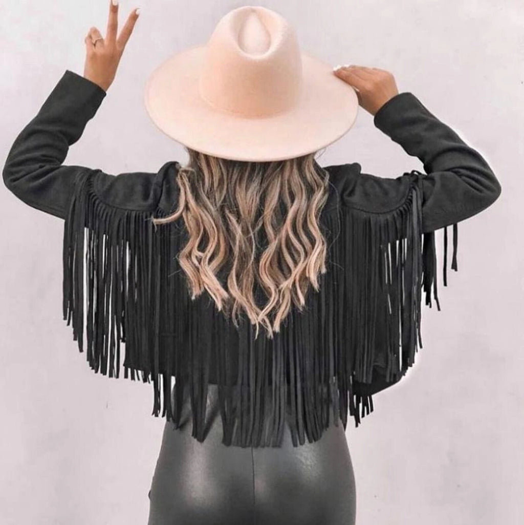 Premium Black Original Suede Leather Cropped Fringe Jacket — Boho Western Style