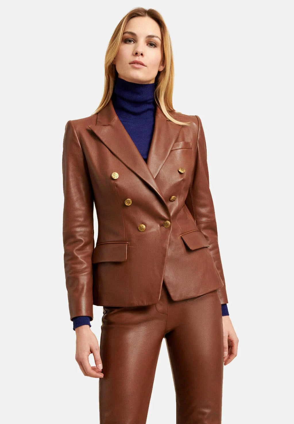 Tan cognac leather double-breasted blazer with gold buttons and notch lapel