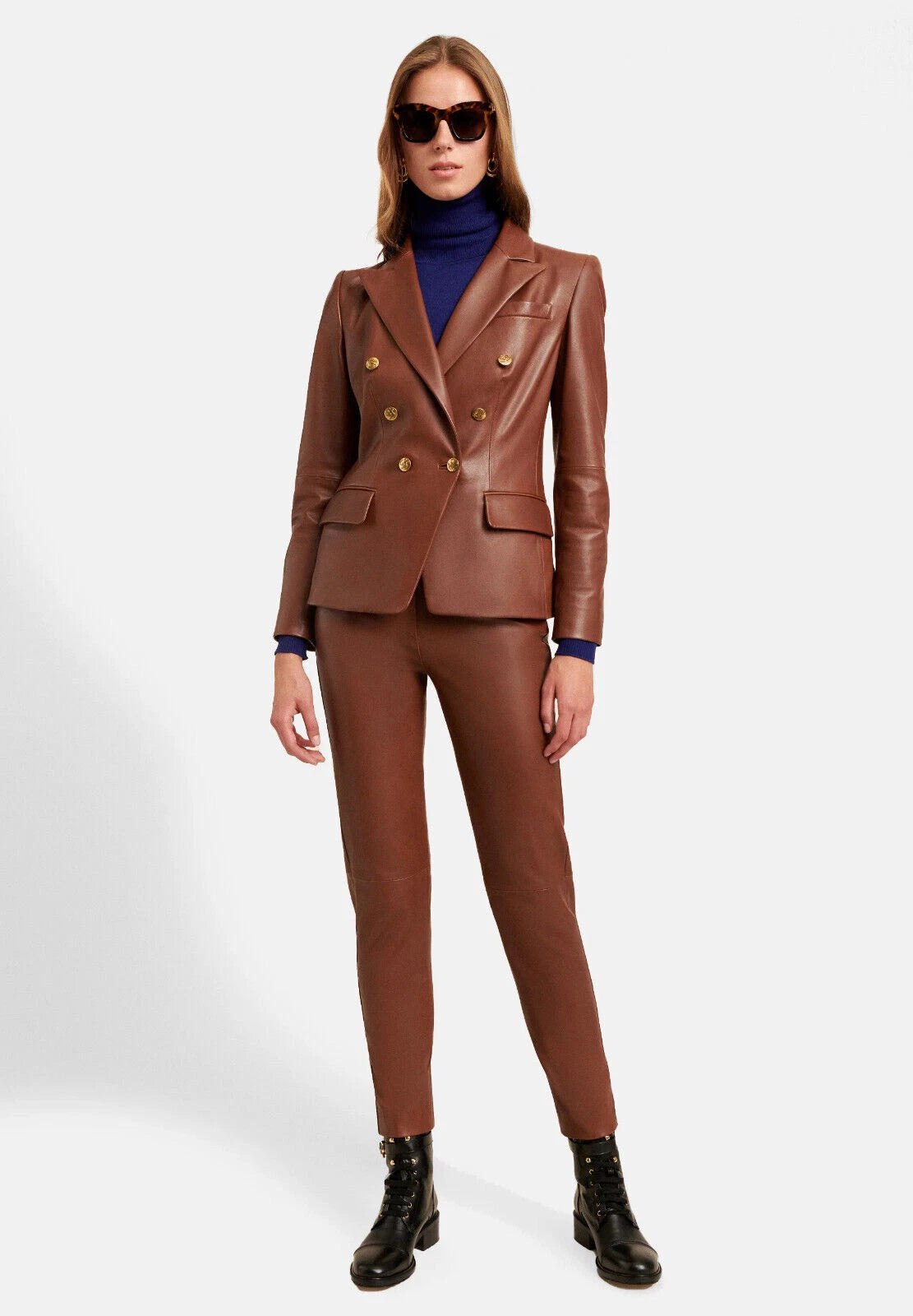 Premium Tan Original Leather Double-Breasted Blazer — Luxury Power Dressing