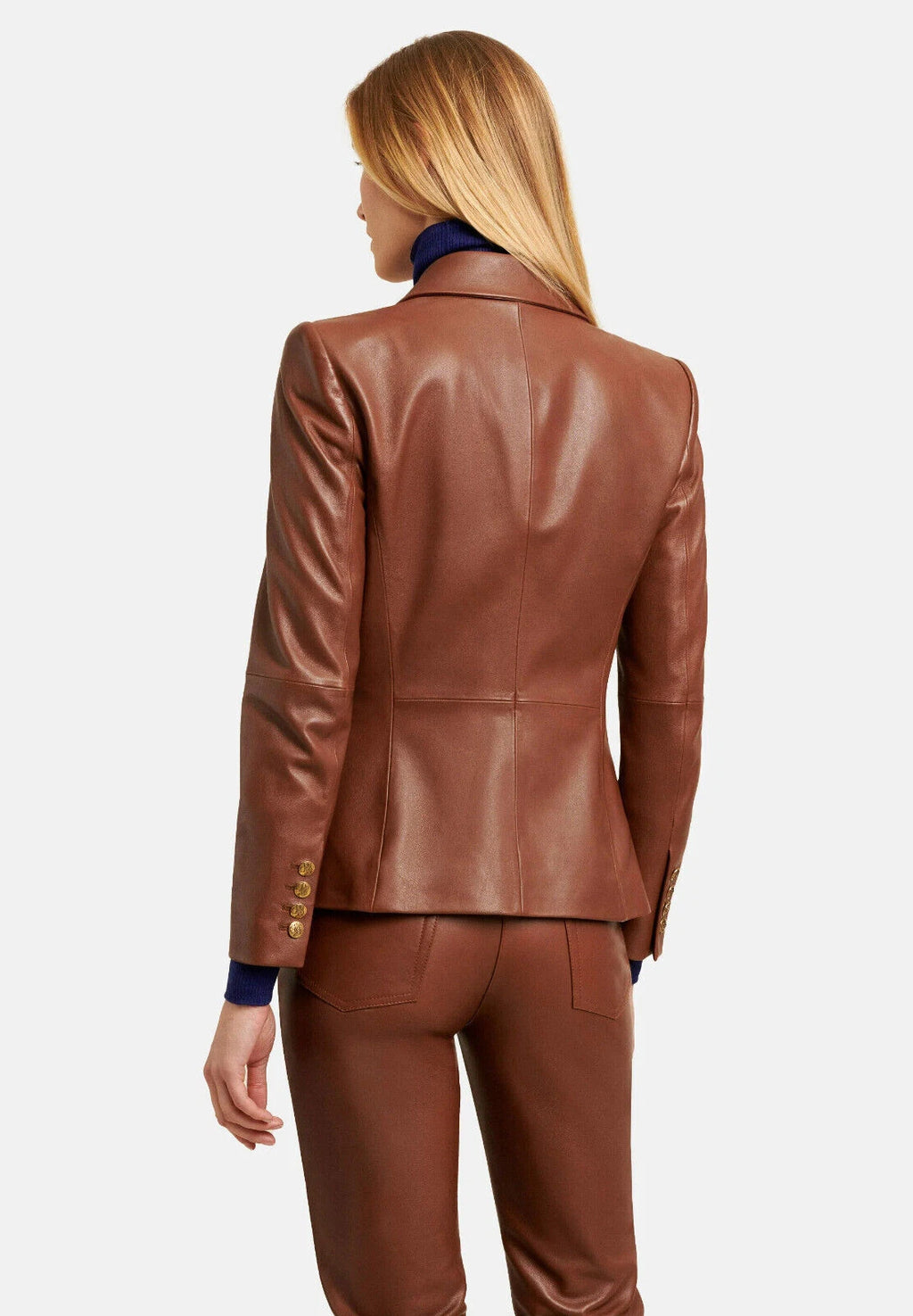 Premium Tan Original Leather Double-Breasted Blazer — Luxury Power Dressing