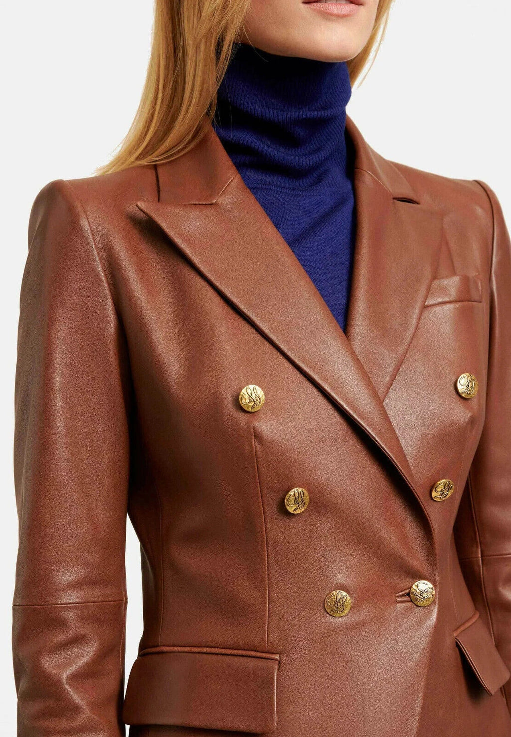 Premium Tan Original Leather Double-Breasted Blazer — Luxury Power Dressing