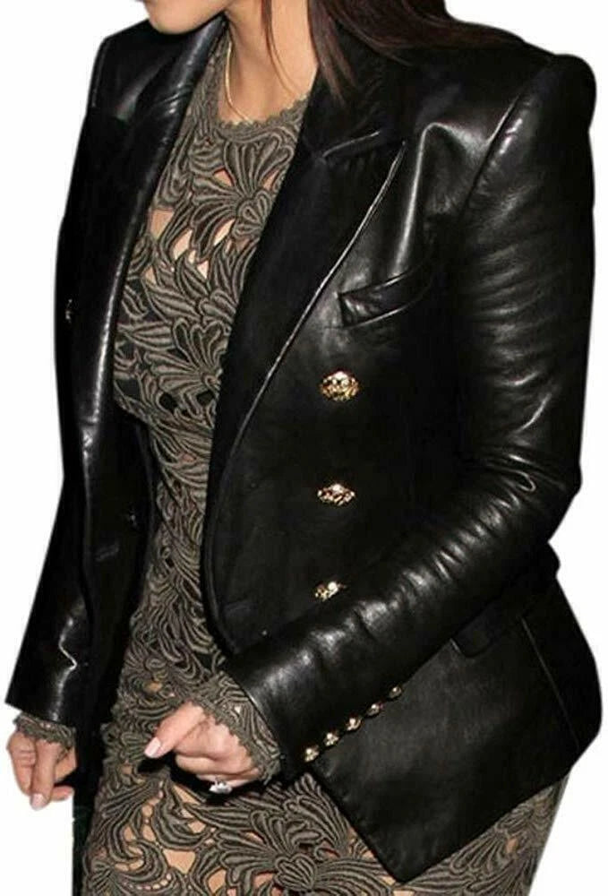 Premium Black Original Leather Double-Breasted Blazer — Celebrity Street Style