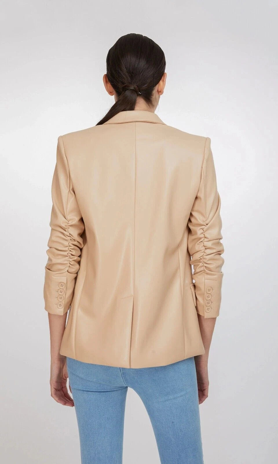 Premium Beige Original Leather Open-Front Blazer — Soft Luxury Style