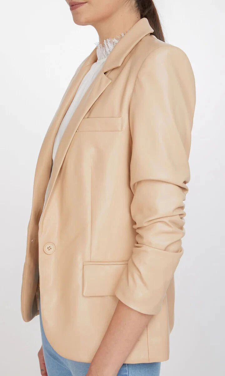 Premium Beige Original Leather Open-Front Blazer — Soft Luxury Style