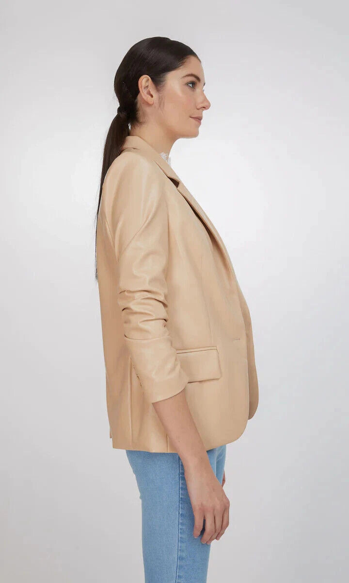 Premium Beige Original Leather Open-Front Blazer — Soft Luxury Style