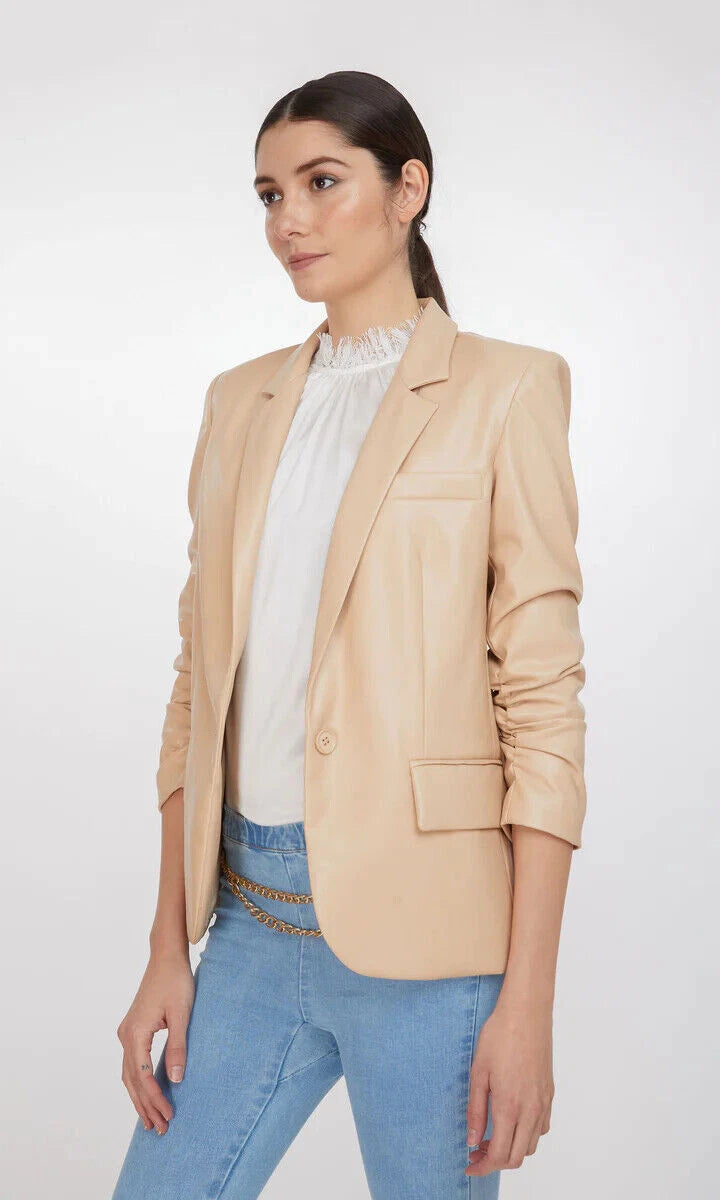 Premium Beige Original Leather Open-Front Blazer — Soft Luxury Style