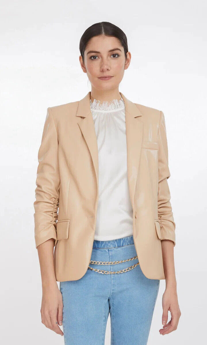 Premium Beige Original Leather Open-Front Blazer — Soft Luxury Style