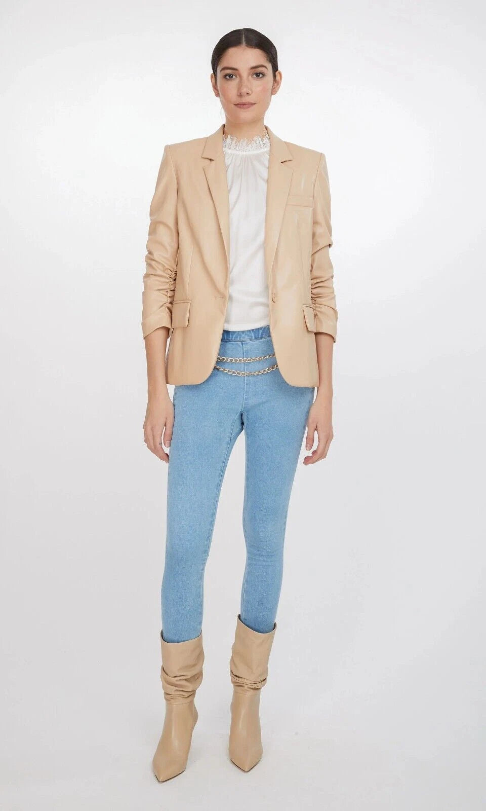 Premium Beige Original Leather Open-Front Blazer — Soft Luxury Style