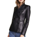 Black leather fitted double-breasted blazer with peak lapel and structured shoulders