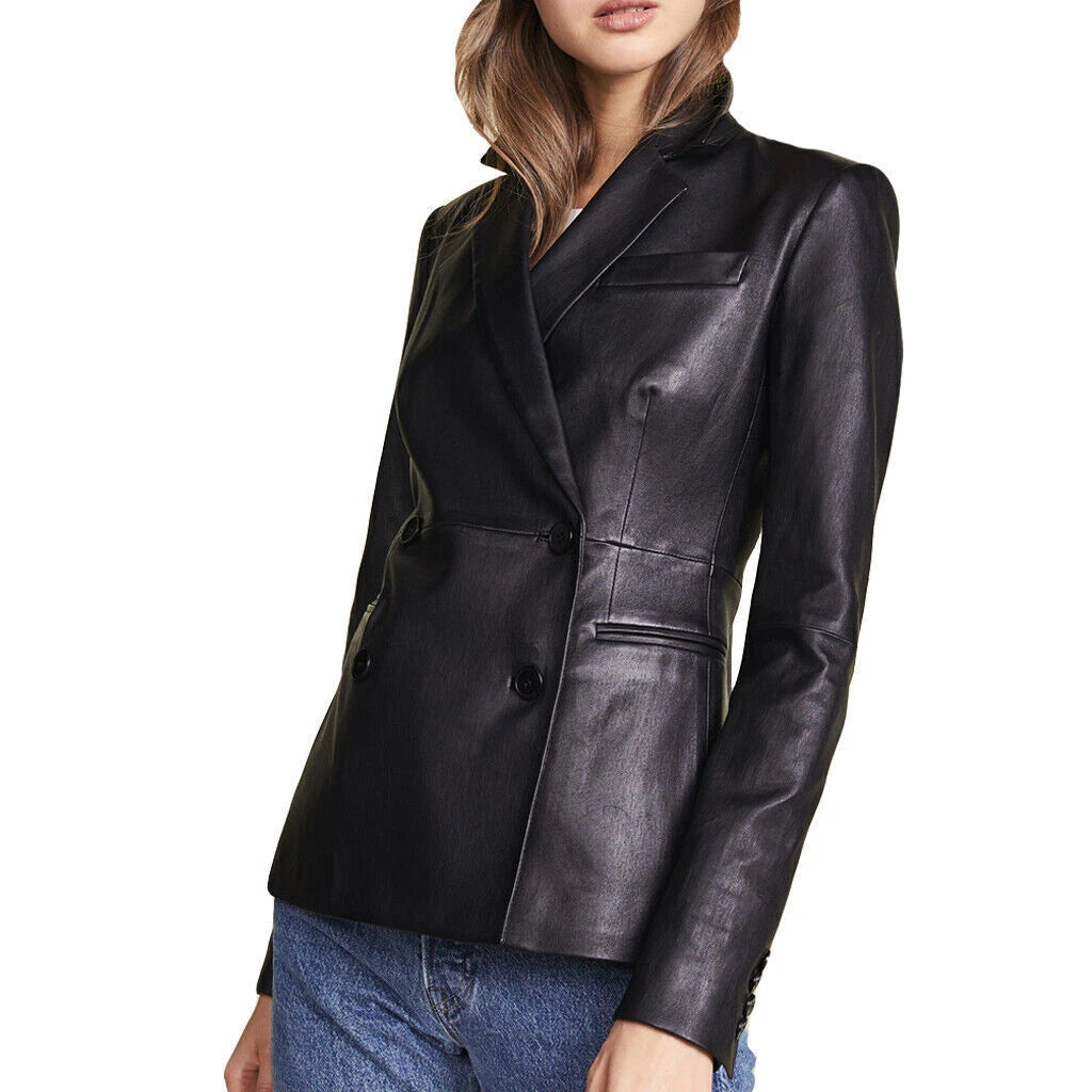 Black leather fitted double-breasted blazer with peak lapel and structured shoulders