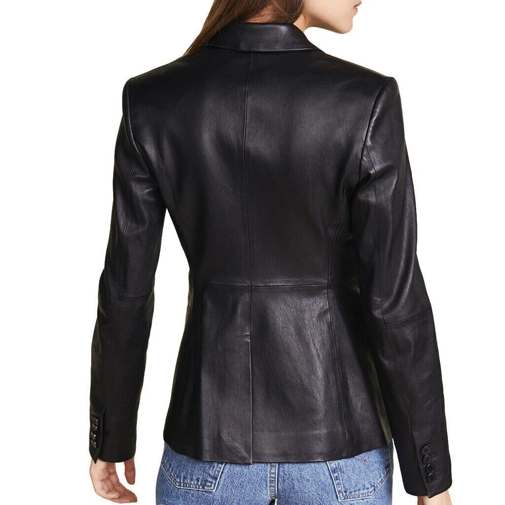 Premium Black Original Leather Fitted Double-Breasted Blazer — Sleek Power Dressing