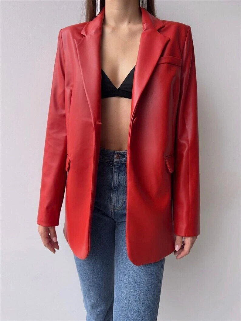 Premium Red Original Leather Open-Front Blazer — Bold Statement Style
