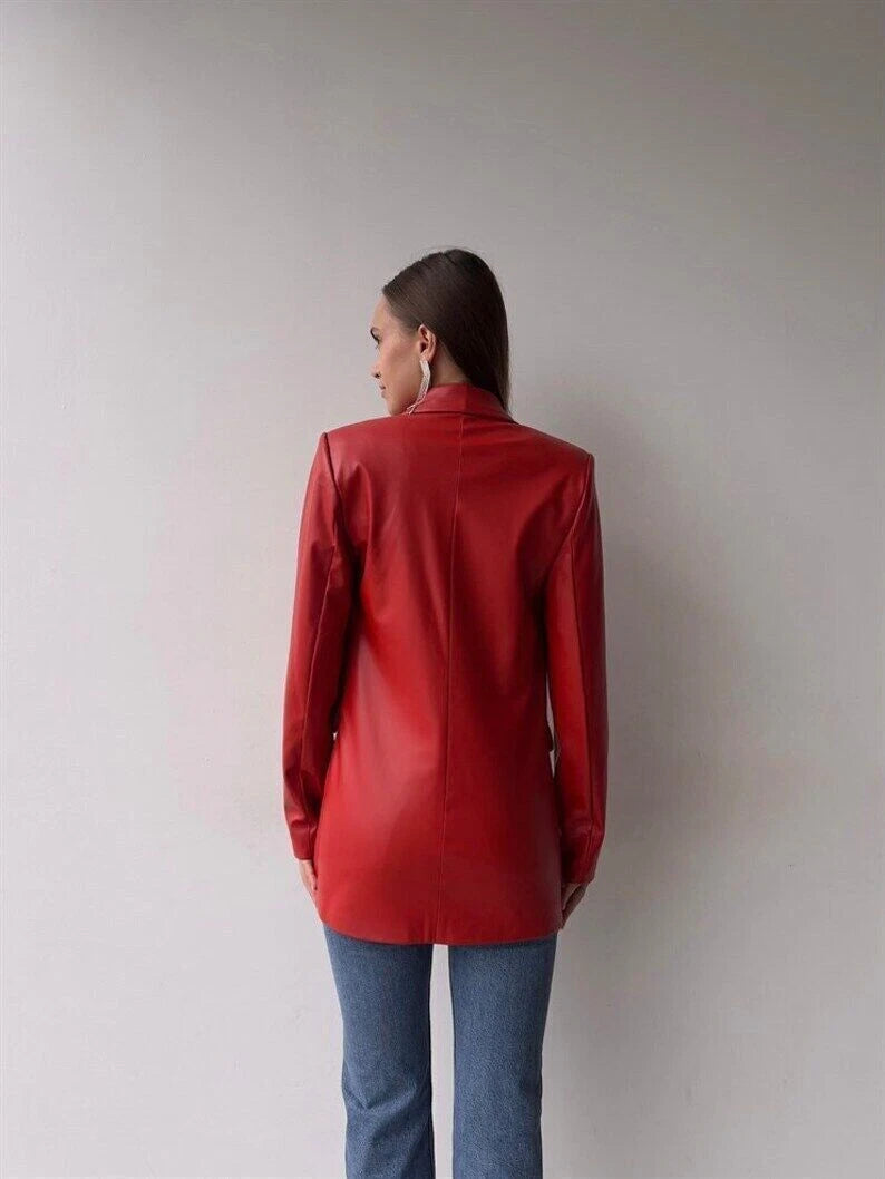 Premium Red Original Leather Open-Front Blazer — Bold Statement Style