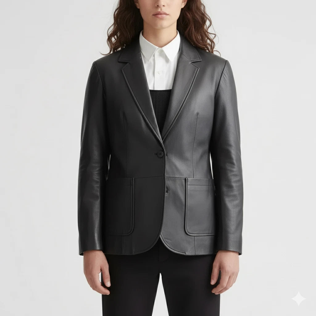 Dark grey leather single-button blazer with notch lapel and contrast stitching on white background