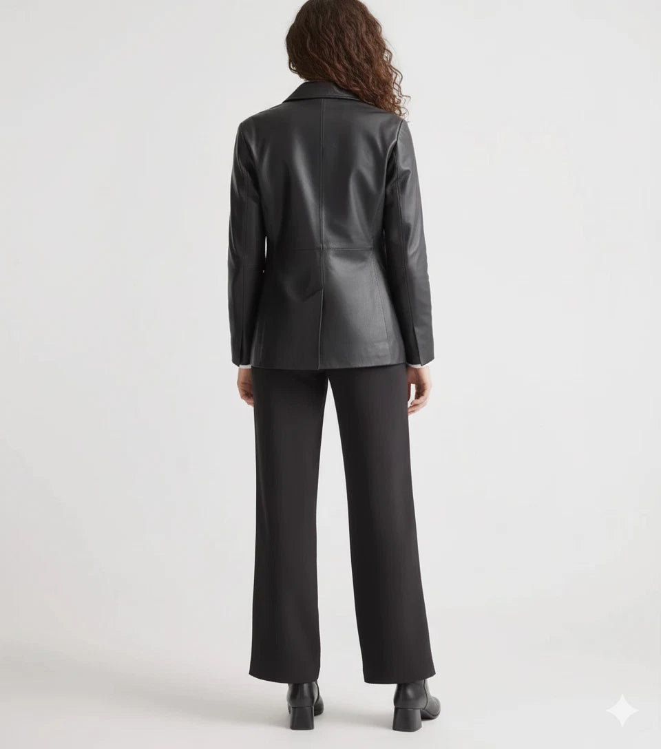 Premium Original Black Leather Single-Button Blazer — Minimal Luxury Style