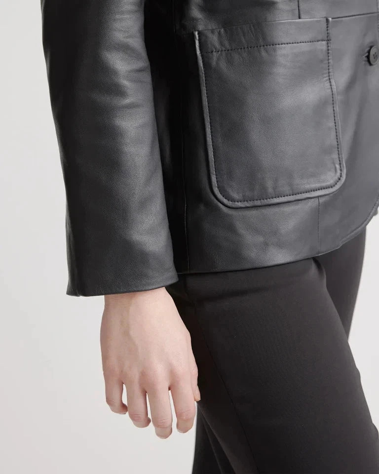 Premium Original Black Leather Single-Button Blazer — Minimal Luxury Style