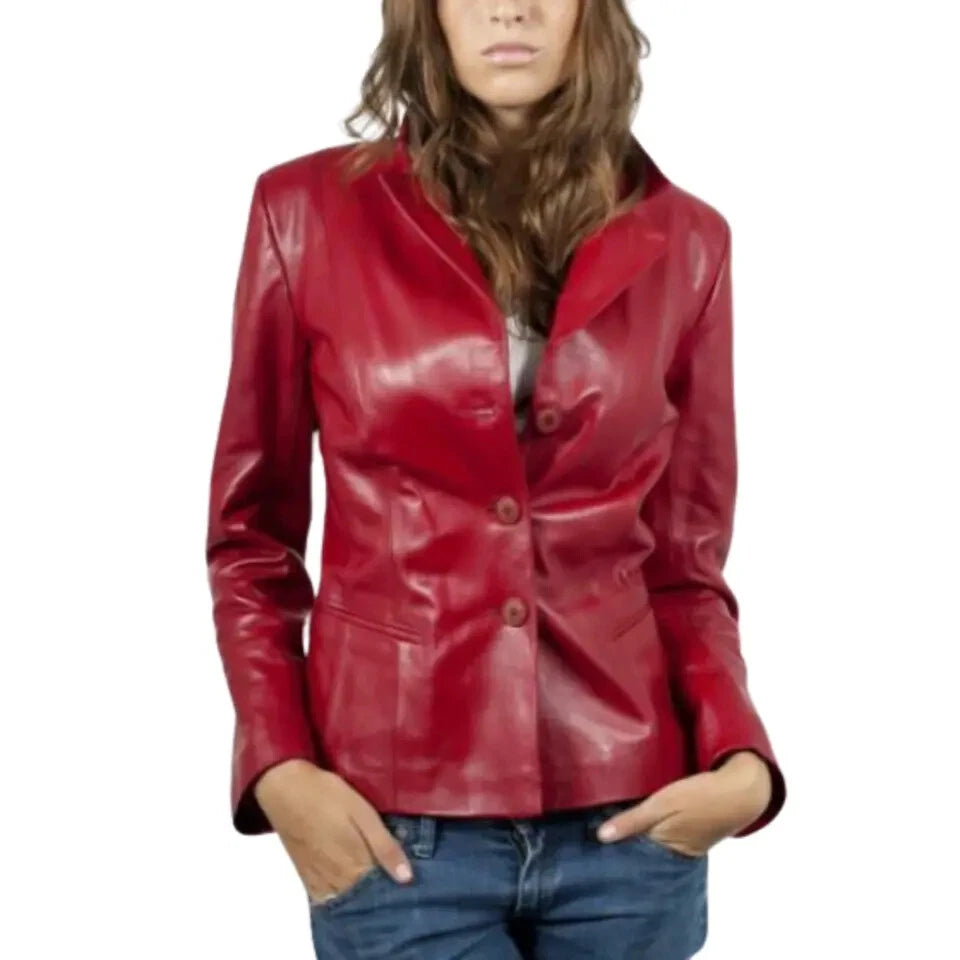 Red leather two-button blazer with notch lapel and patch pockets worn with jeans