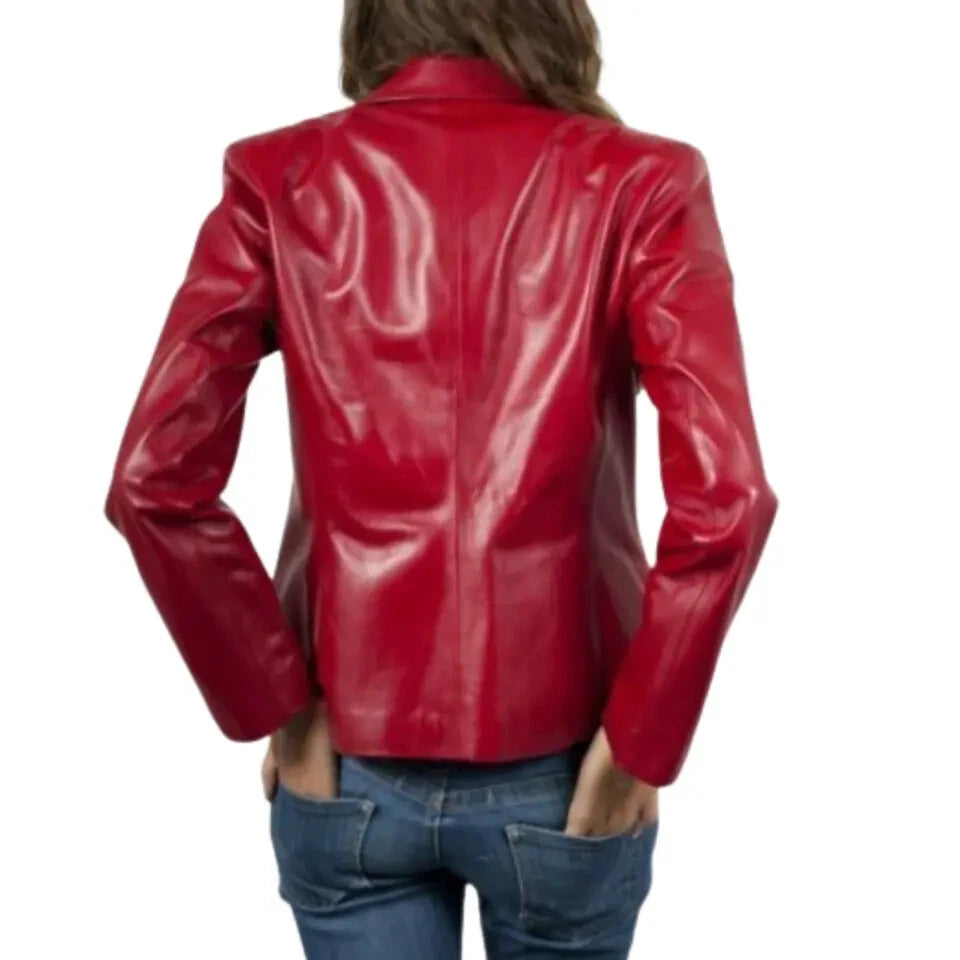 Premium Red Original Leather Two-Button Blazer — Classic Bold Style