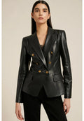 Black leather double-breasted blazer with gold crest buttons and peak lapel on model