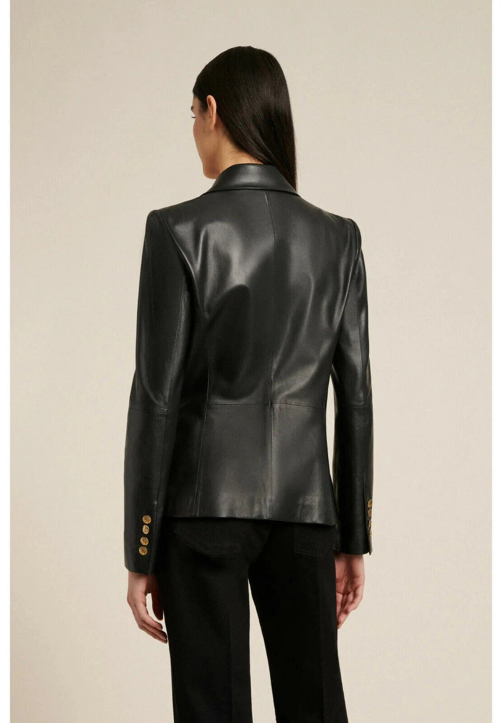 Original Black Premium Leather Double-Breasted Blazer — Gold Crest Button Luxury