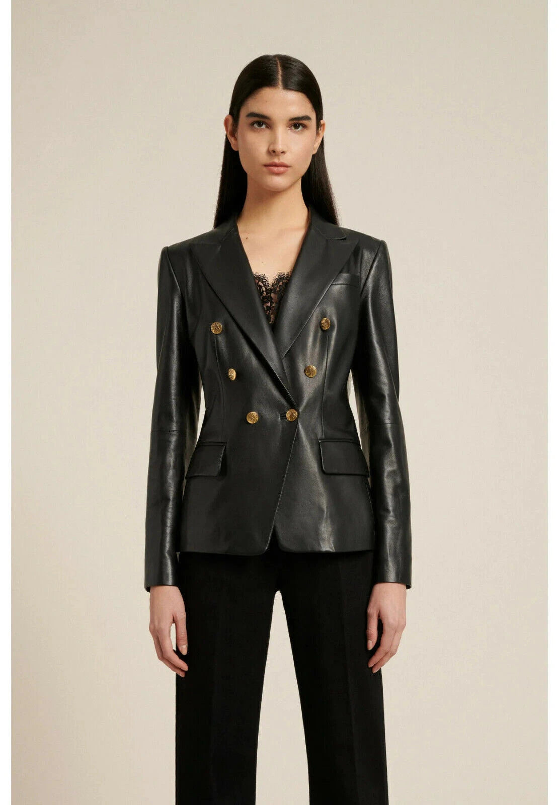 Original Black Premium Leather Double-Breasted Blazer — Gold Crest Button Luxury