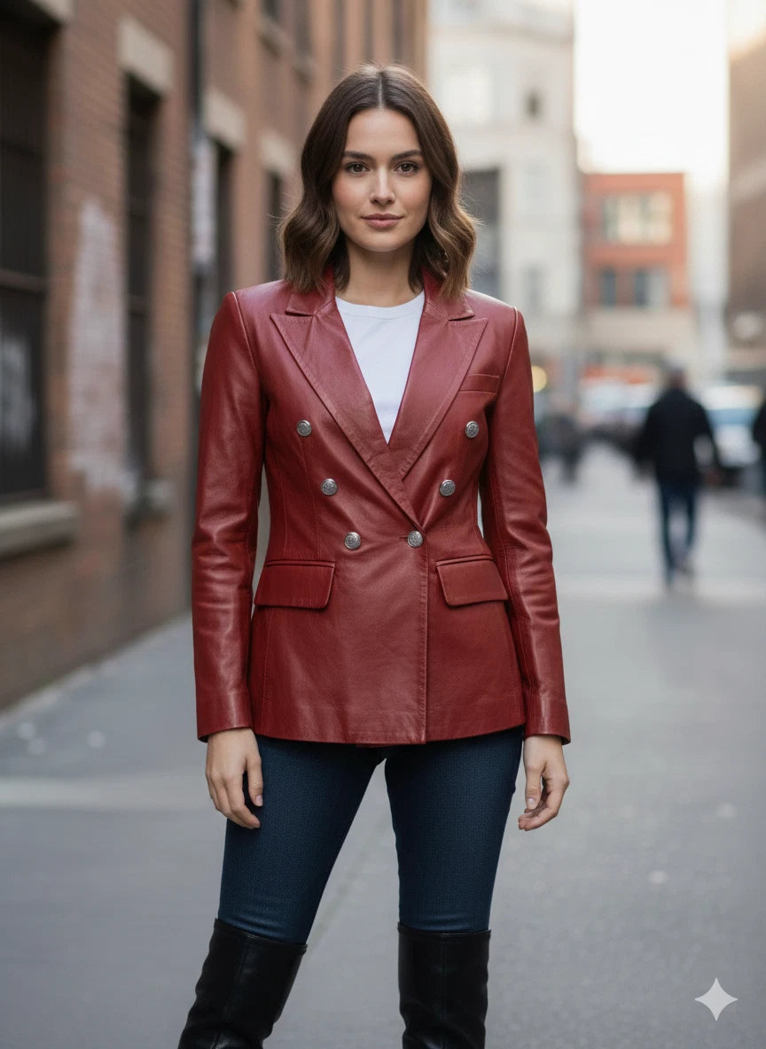 Red leather double-breasted blazer with silver crest buttons and peak lapel worn on city street