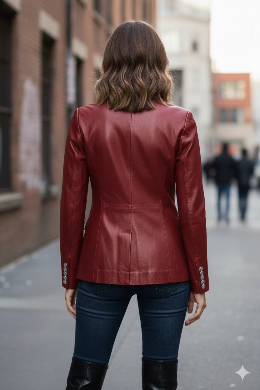 Maroon Premium Original Leather Double-Breasted Blazer — Silver Crest Button Style