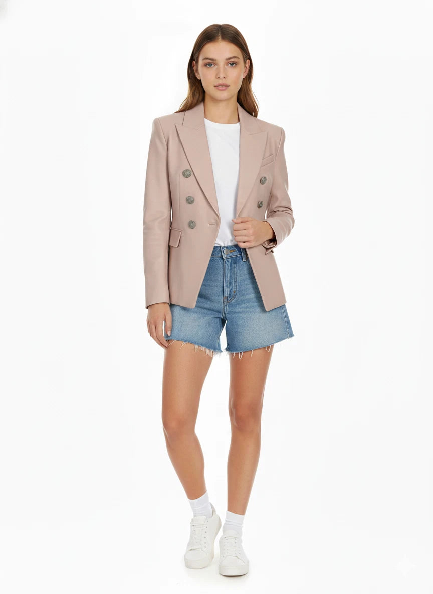 Taupe double-breasted leather blazer front view