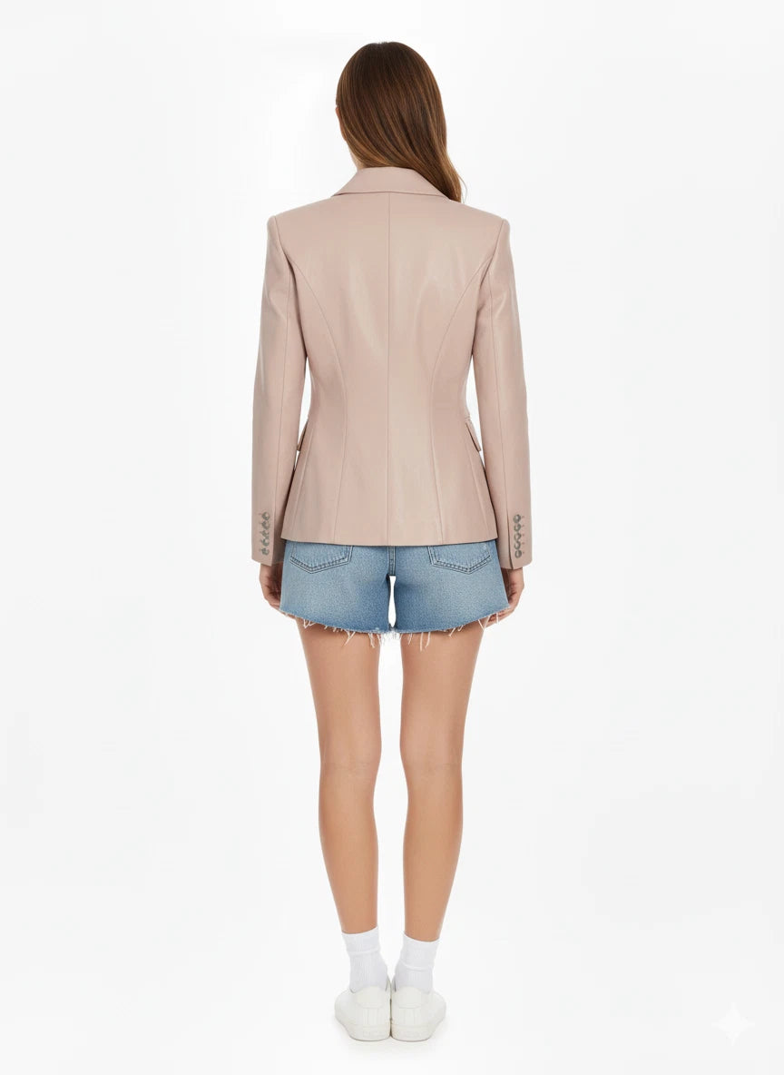 Premium Baby Pink Double-Breasted Original Leather Blazer — Smart Casual Style in Premium Leather