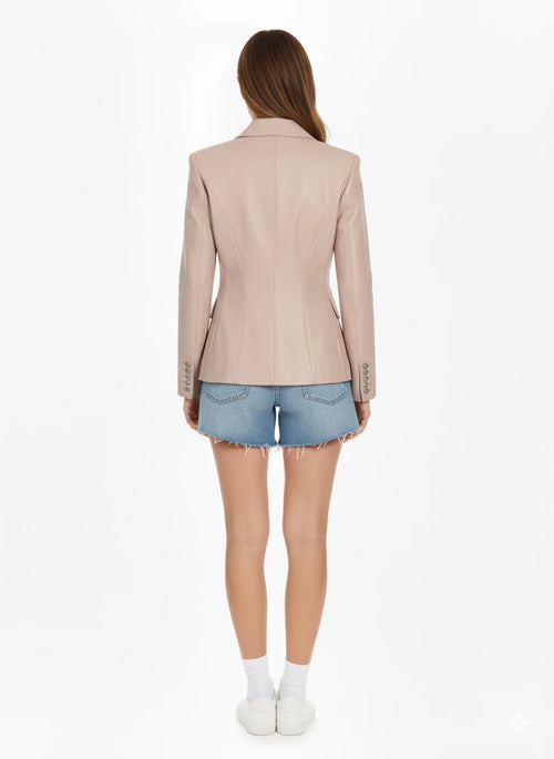 Premium Baby Pink Double-Breasted Original Leather Blazer — Smart Casual Style in Premium Leather – front view – Kamercio