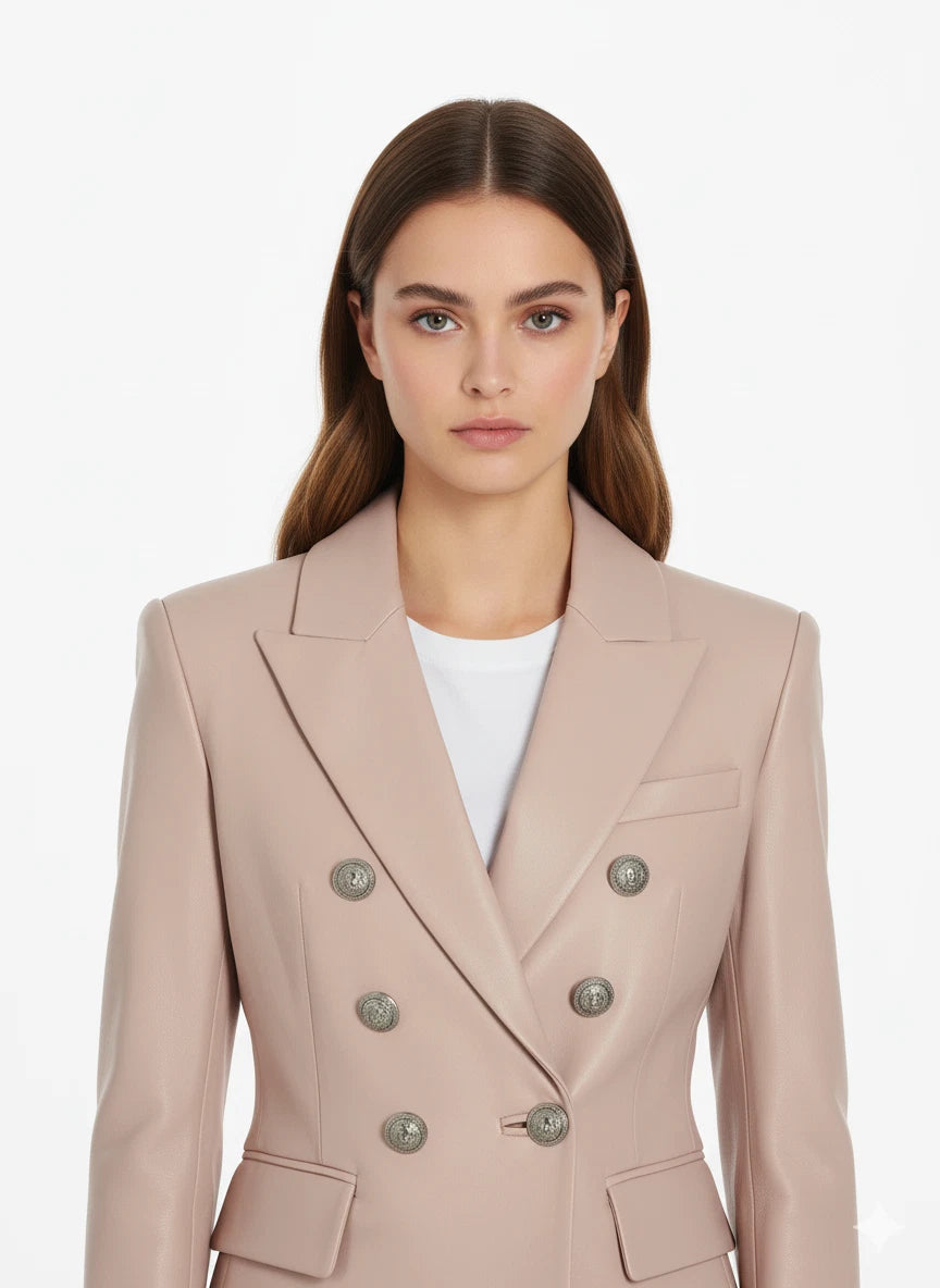 Premium Baby Pink Double-Breasted Original Leather Blazer — Smart Casual Style in Premium Leather