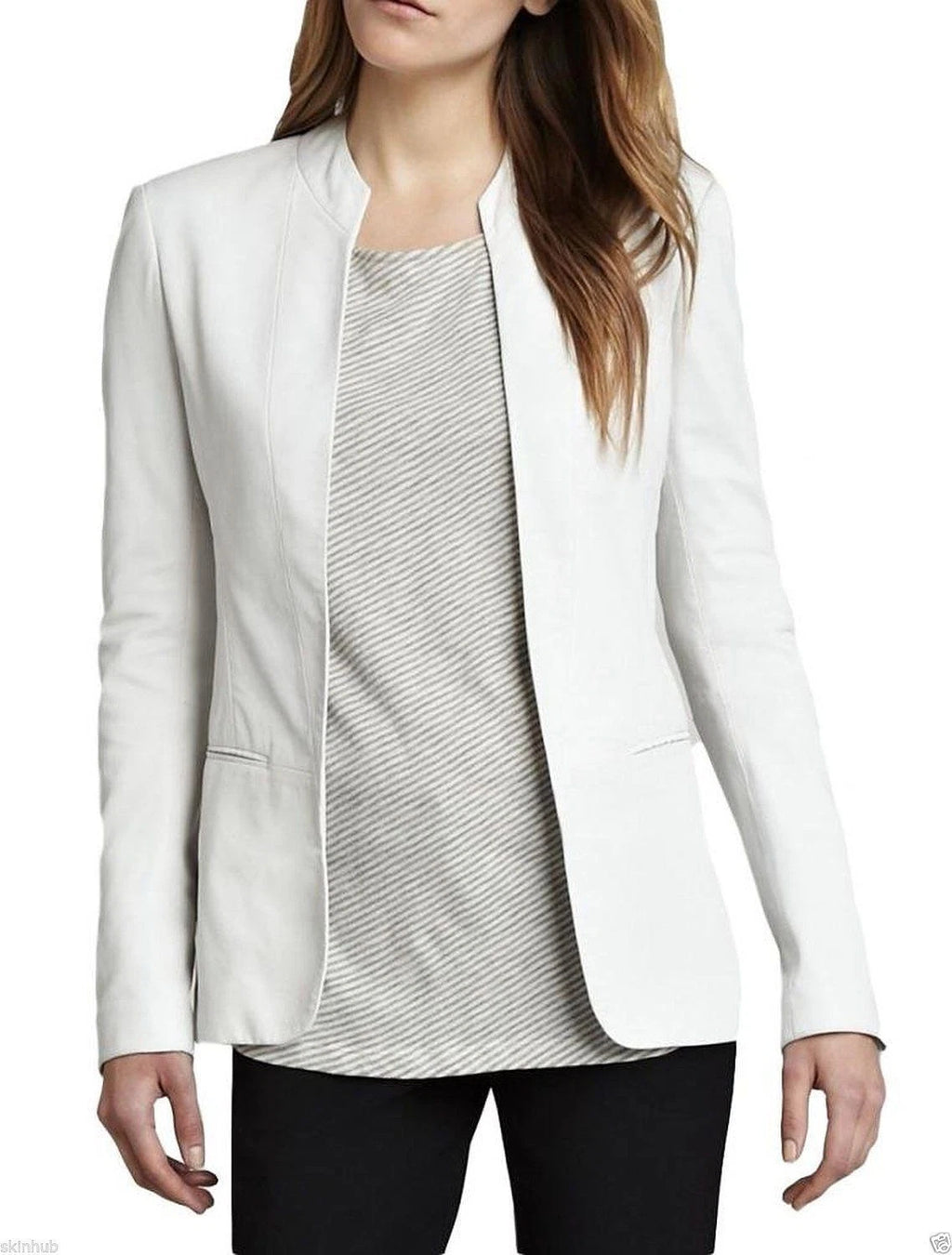 Women's white collarless leather blazer — slim tailored fit with open-front silhouette