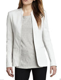 Women's white collarless leather blazer — slim tailored fit with open-front silhouette