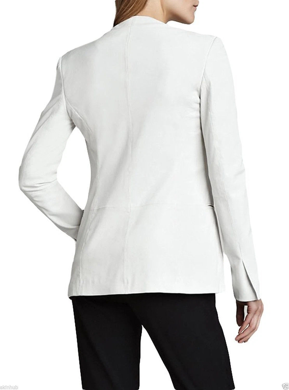 Women's Premium White Collarless Original Leather Blazer — Sleek Minimalist Style