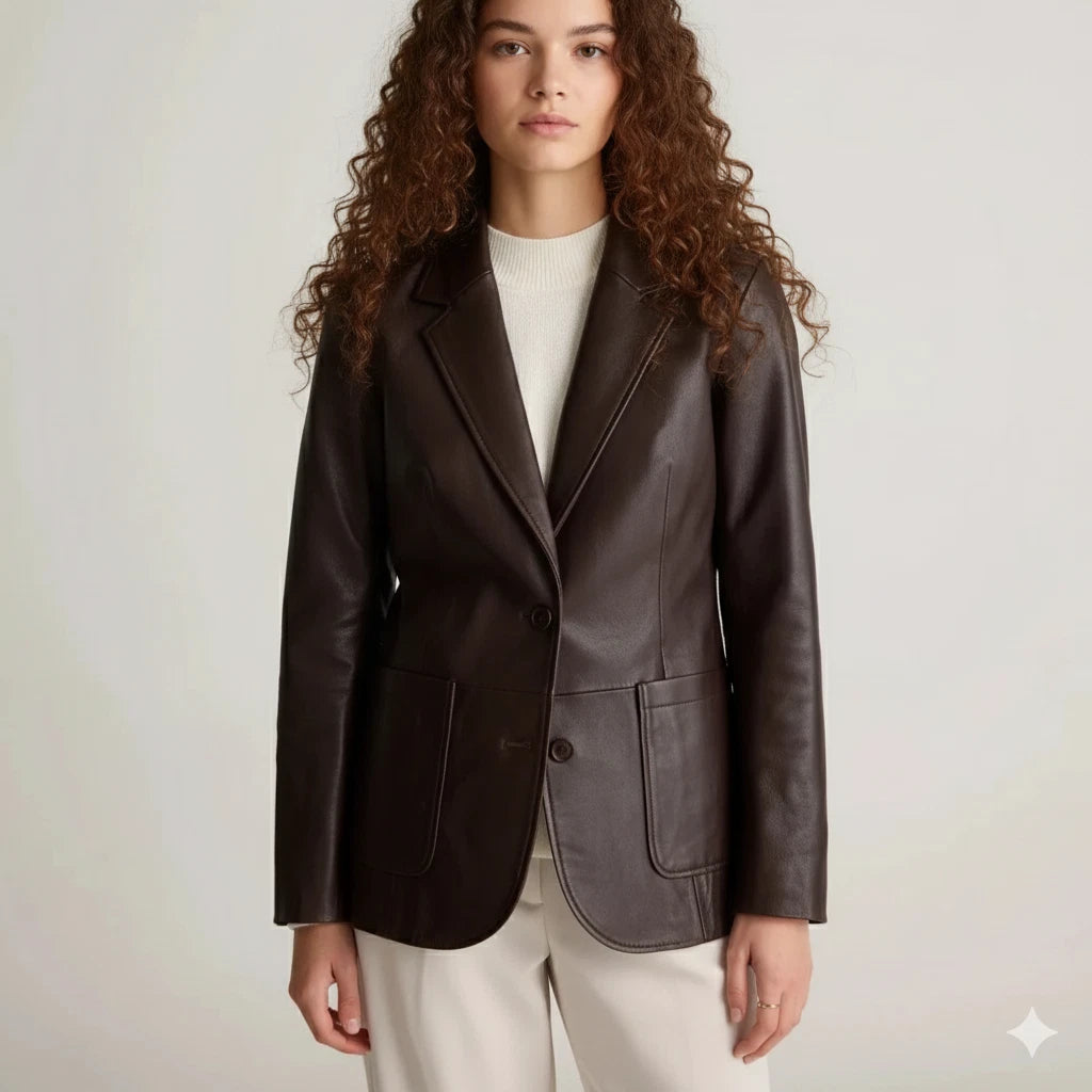 Women's dark brown leather blazer with two-button front and notch lapel