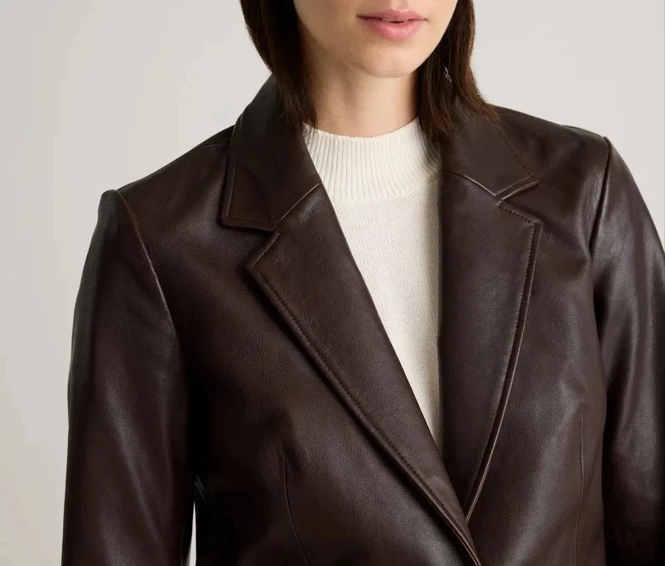 Women's Premium Brown Original Leather Blazer — Two-Button Notch Lapel Tailored Fit