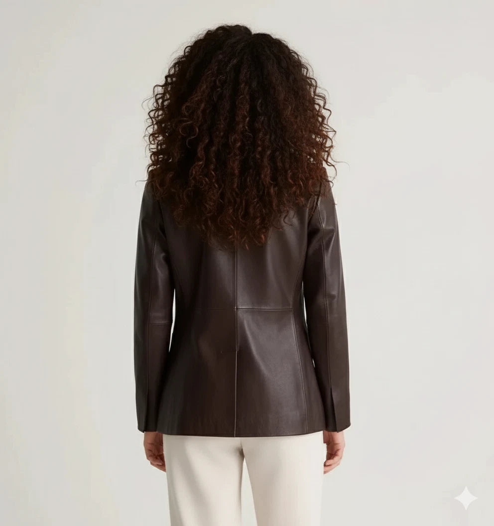 Women's Premium Brown Original Leather Blazer — Two-Button Notch Lapel Tailored Fit