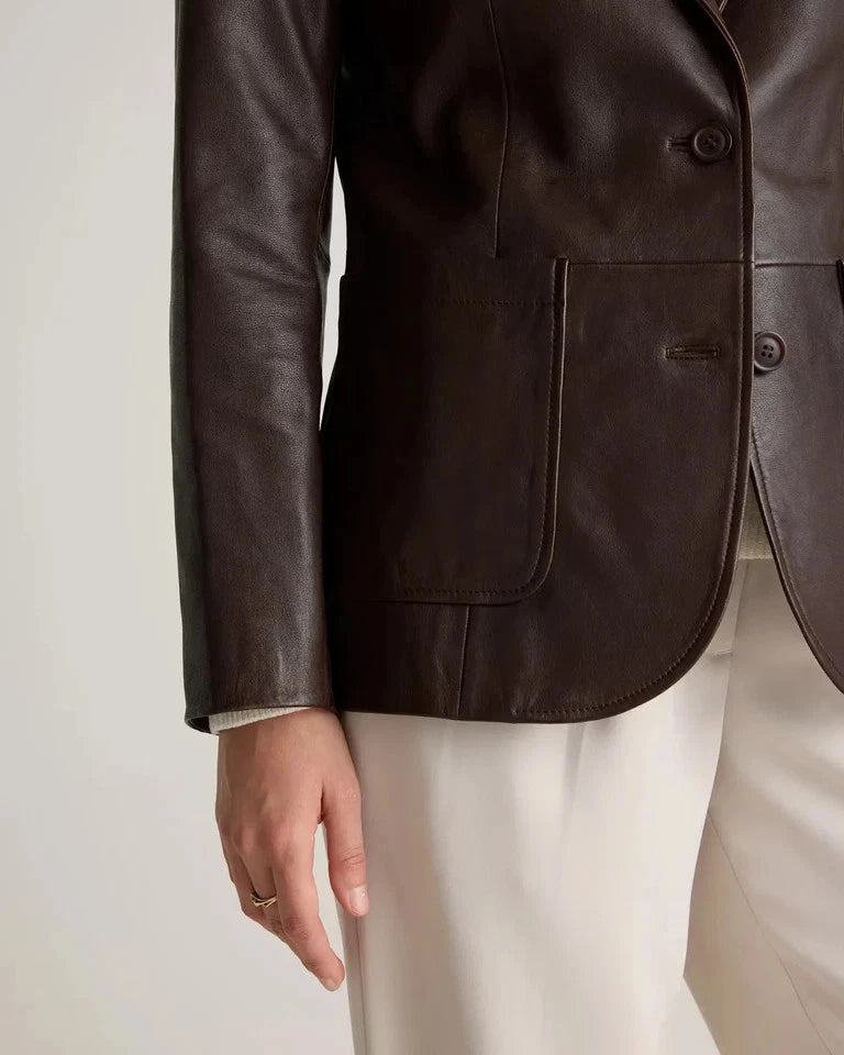 Women's Premium Brown Original Leather Blazer — Two-Button Notch Lapel Tailored Fit