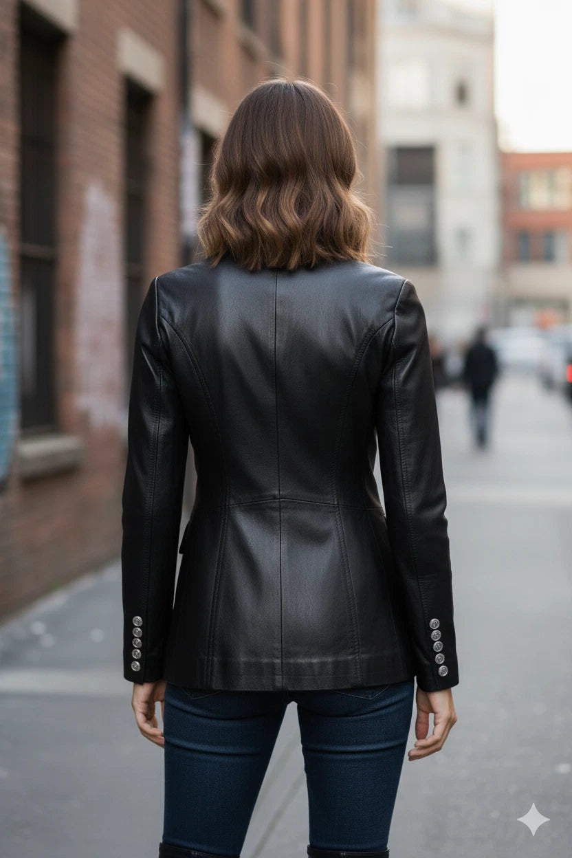Women's Premium Black Double-Breasted Original Leather Blazer — Silver Button Hardware