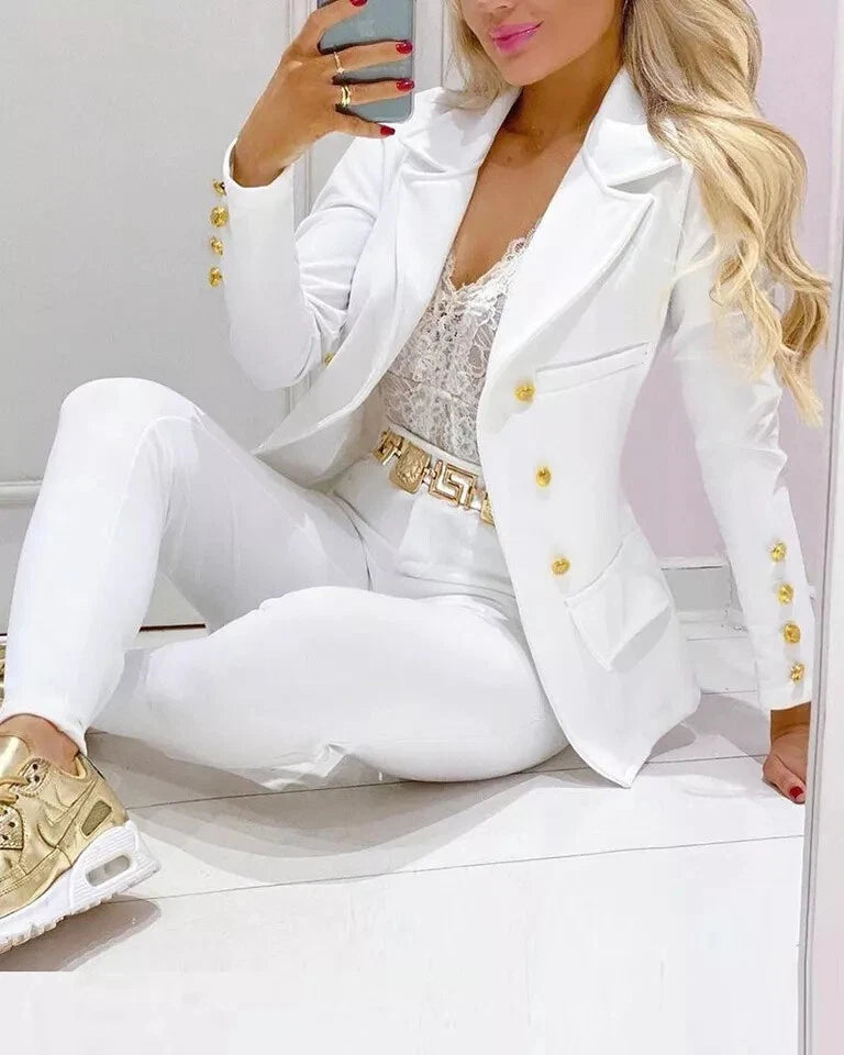 Women's Premium White Double-Breasted Original Leather Blazer — Gold Button Hardware