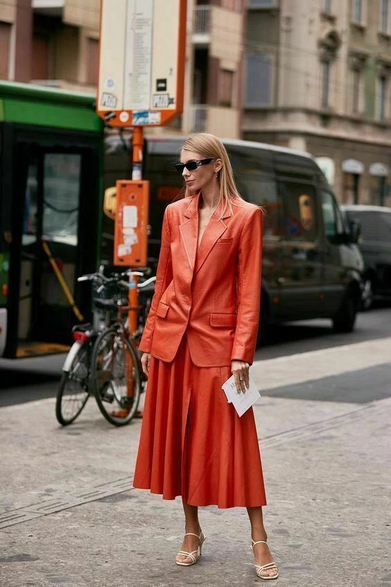 Women's Premium Orange Original Leather Blazer — Structured Single-Breasted Jacket
