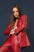 Women's red leather blazer — bold single-breasted open-front jacket