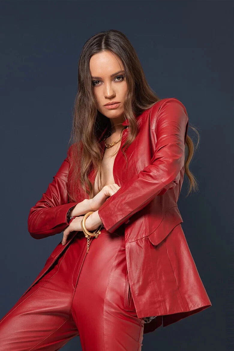 Women's red leather blazer — bold single-breasted open-front jacket