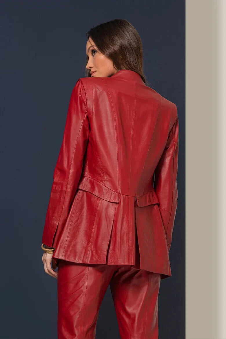Women's Premium Red Original Leather Blazer — Bold Single-Breasted Jacket