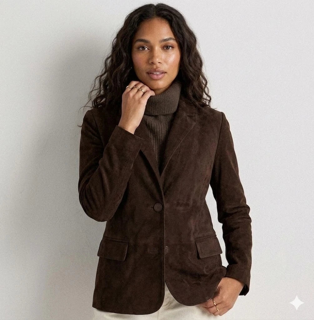 Women's brown suede blazer — classic two-button notch lapel tailored jacket